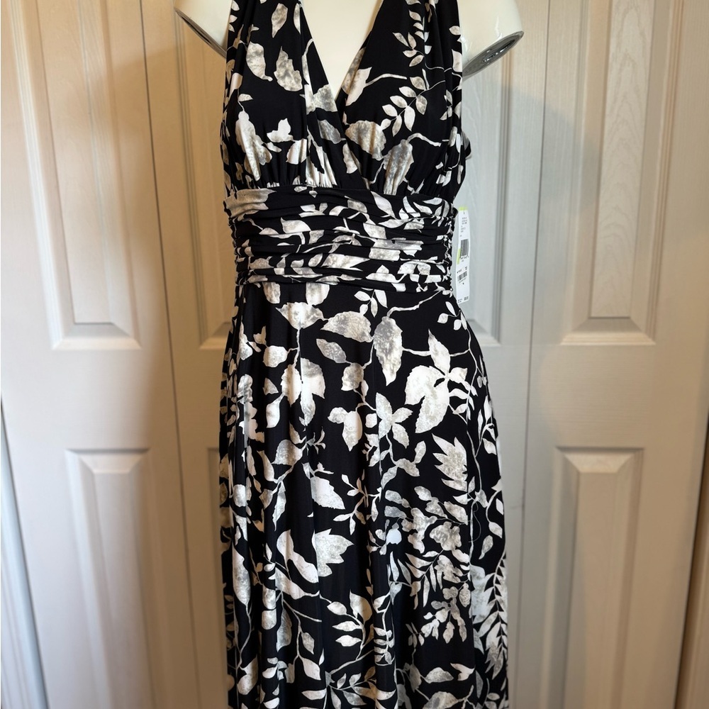 Evan Picone Women’s Black/Cream/Gray Floral Halter Dress size 4 - Picture 2 of 15